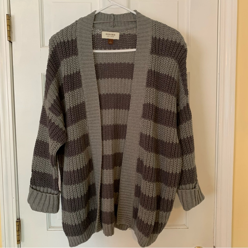 Dark & med gray striped knit cardigan sweater by Sonoma.